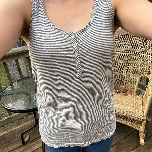 J. Crew Olive Green & White Striped Sleeveless Tank Top with Sequins and Buttons - Picture 1 of 9